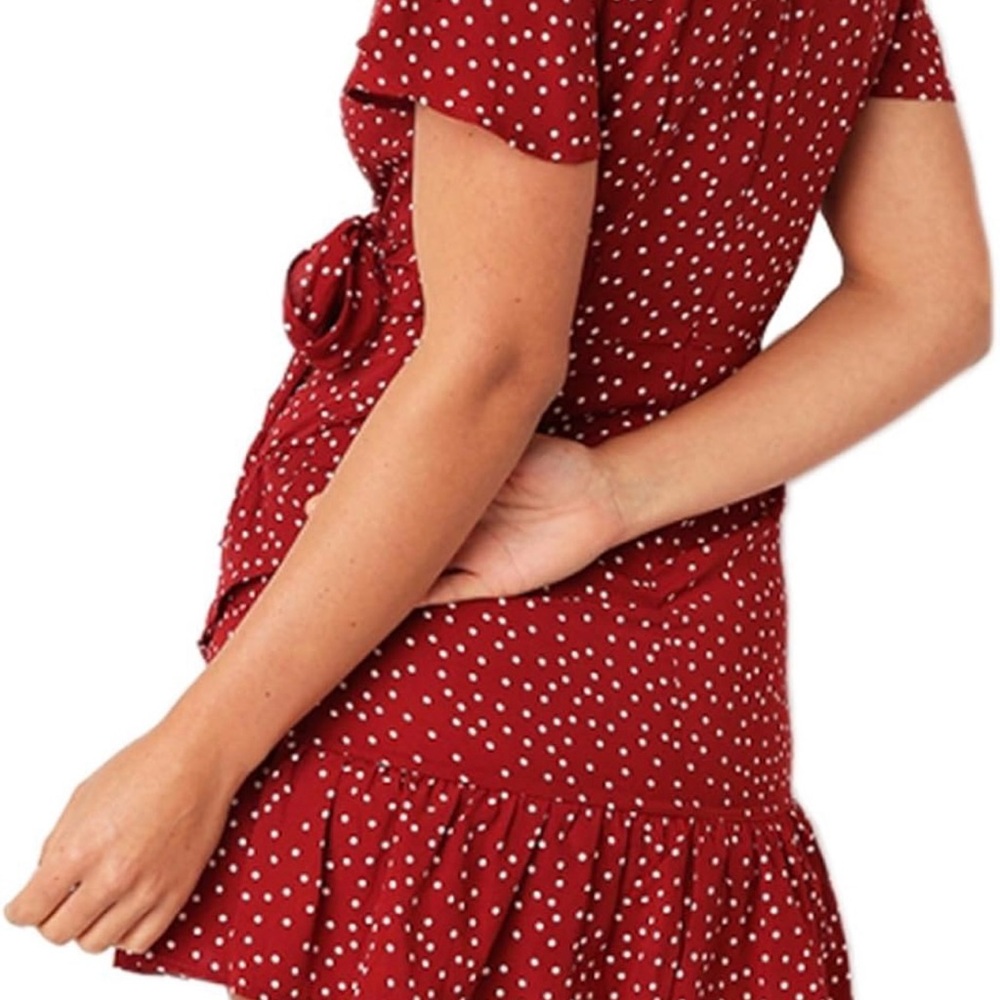 White Polka Dot Short Sleeve Red Ruffle Mini Wrap Dress - Picture 3 of 9